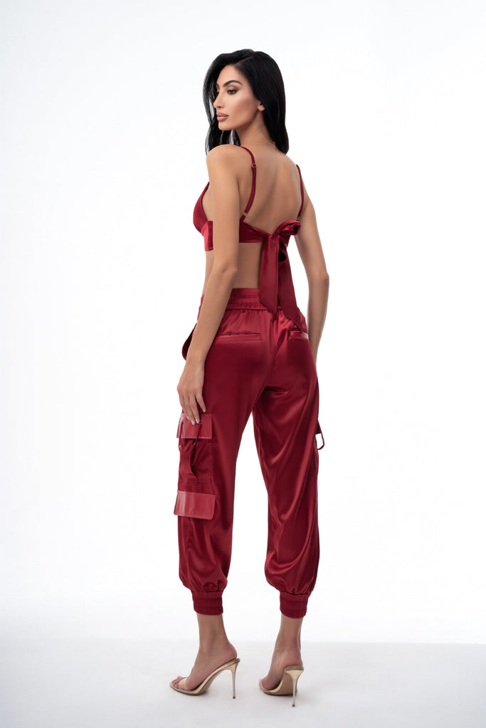 Bordeaux Satin Cargo Pants