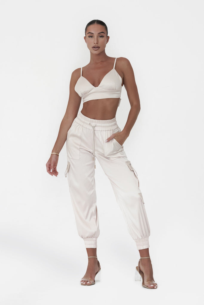 Champagne Satin Cargo Pants