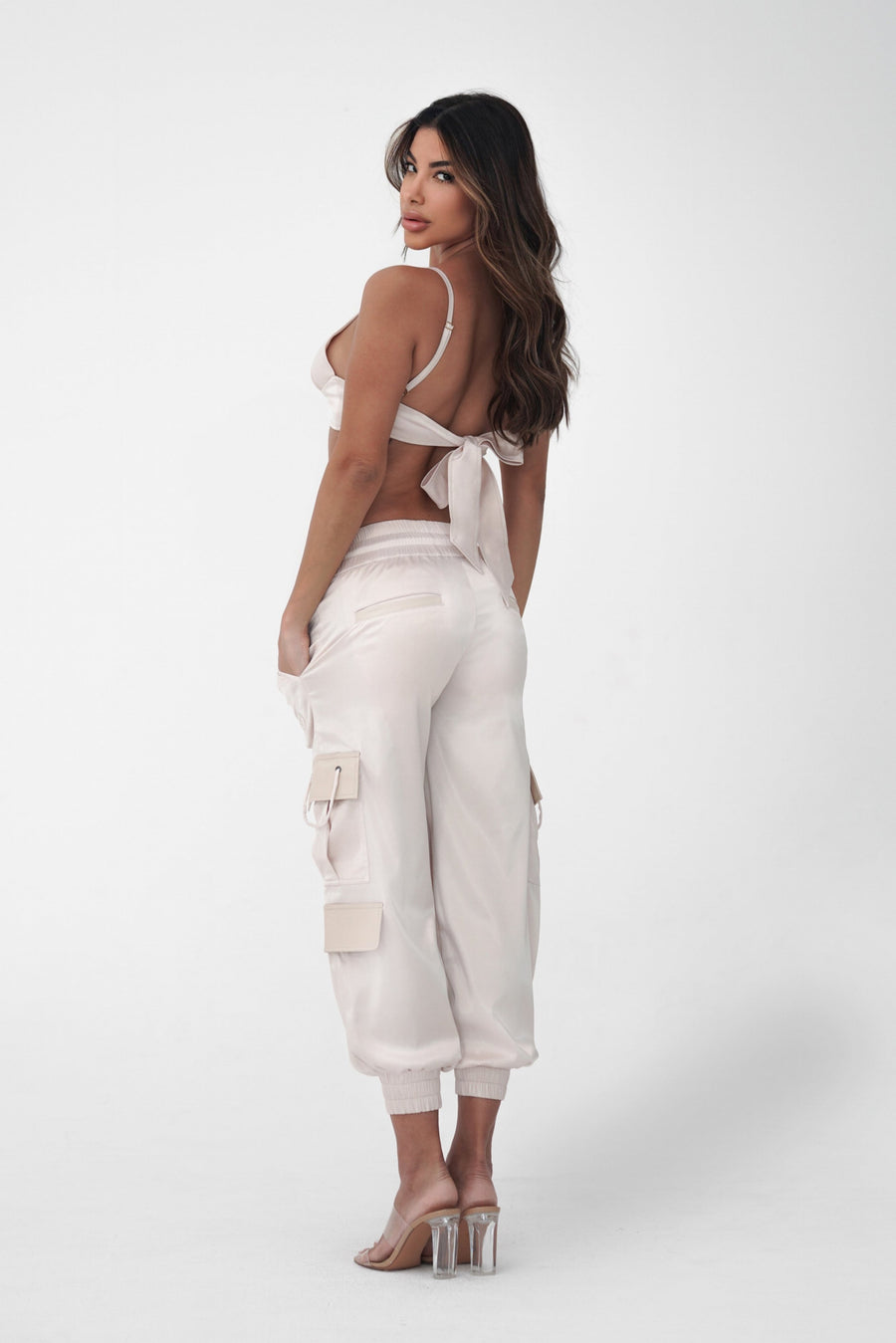 Champagne Satin Cargo Pants