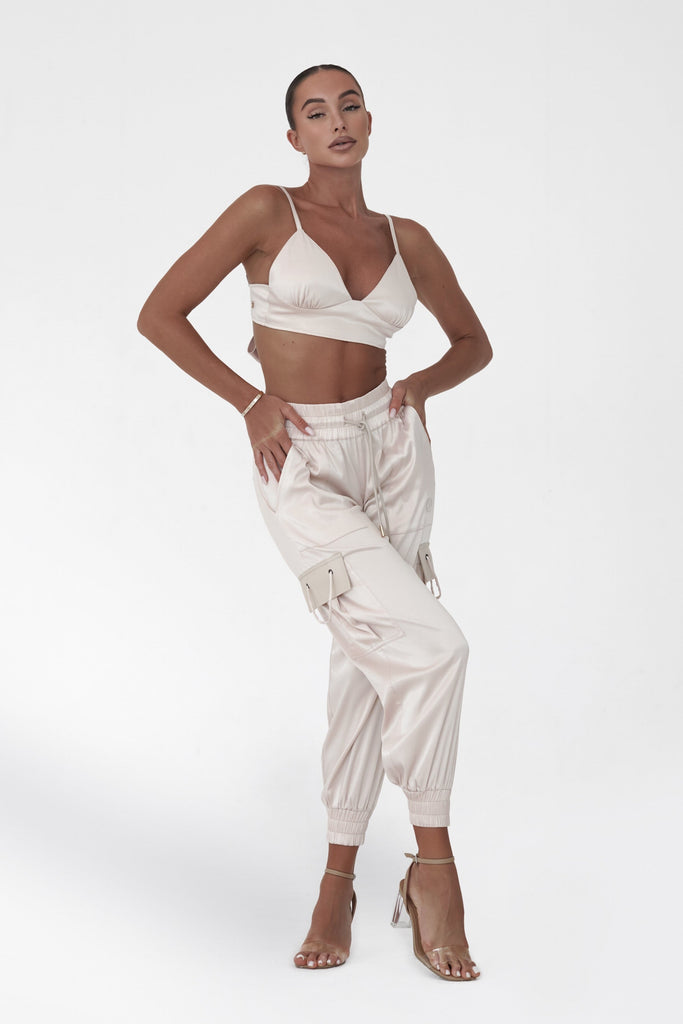 Champagne Satin Cargo Pants