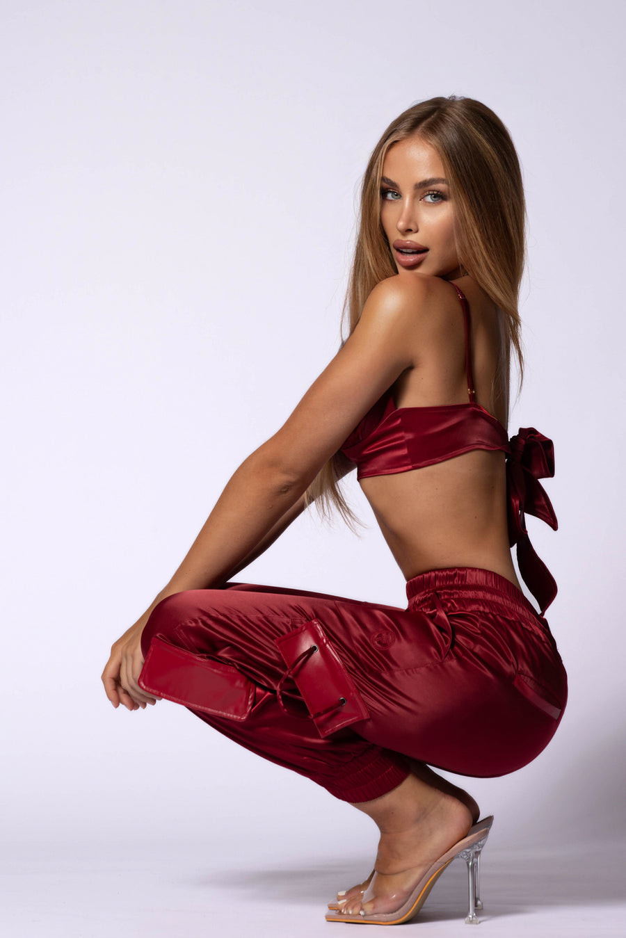 Bordeaux Satin Cargo Pants